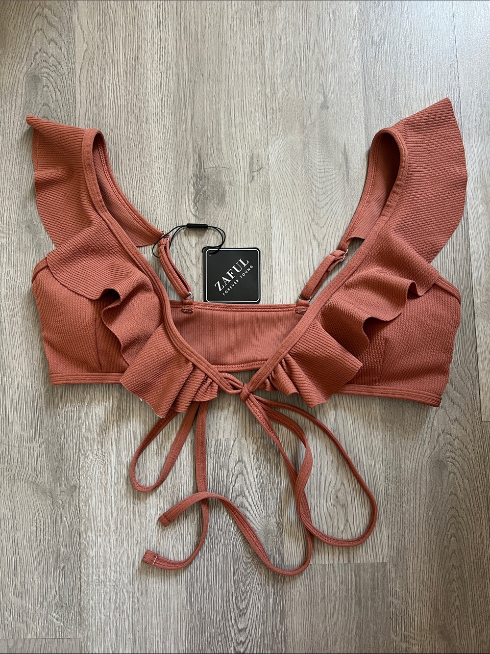 Zaful Brown Rust Ruffle Tie-Front Crop/Swim Top